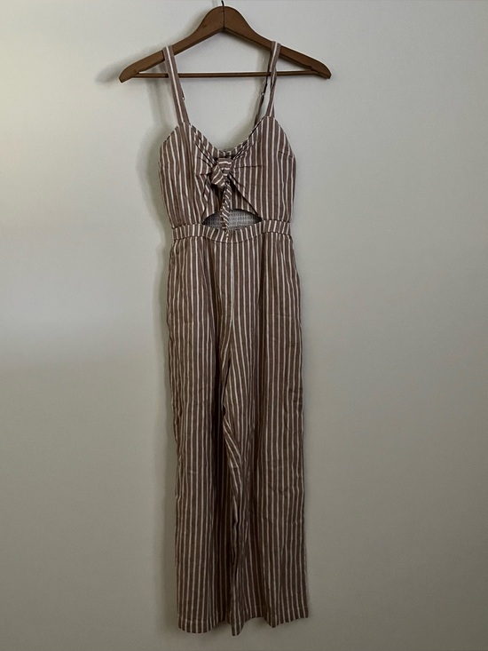 Abercrombie & Fitch Pants - Abercrombie Striped Cutout Tie-Front Jumpsuit in Taupe and White